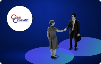 Two business professionals shake hands on a blue stage, with a white circular 'ONE COMPANY' logo on the left, symbolizing partnership or collaboration.